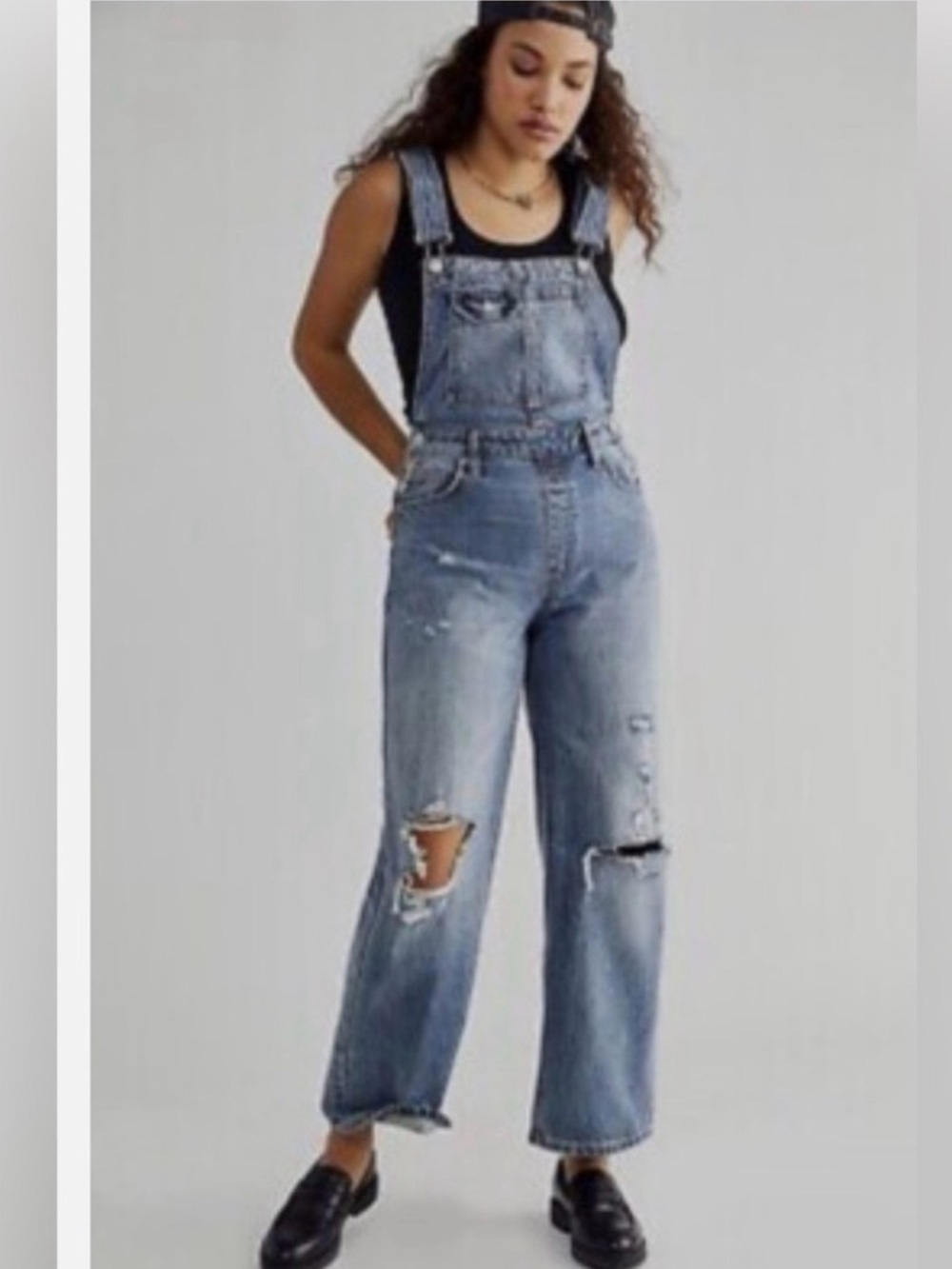 We The Free CRVY Denim Overalls Distressed Light Blue Women Wide Leg Size 12